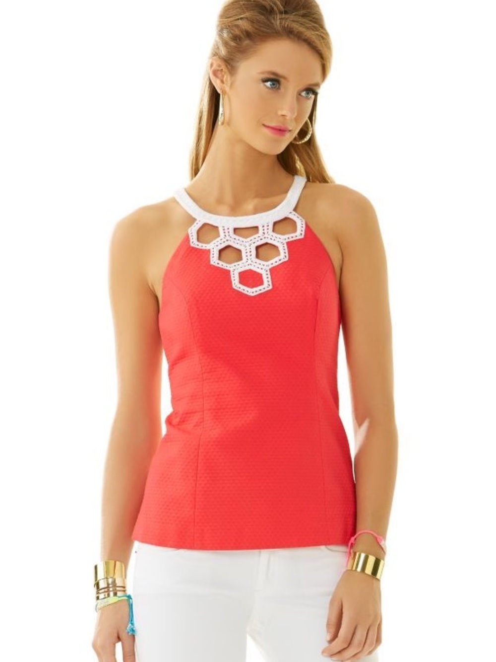 Lilly Pulitzer Pink Textured Crochet Neck Halter Tank Top Size 0